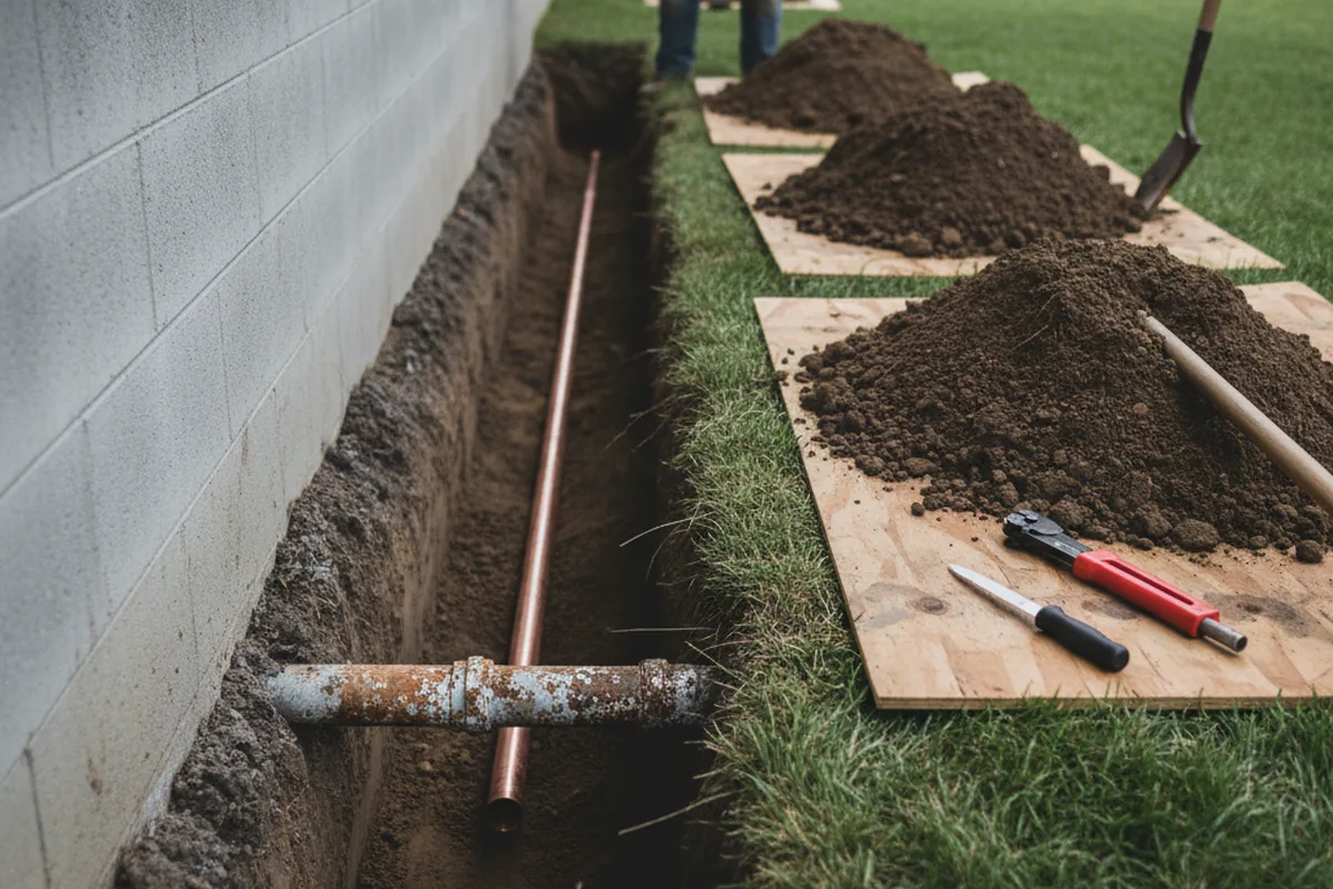 Excavated water line trench during Water Softener Installation in Gold Hill